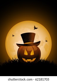Halloween pumpkin wearing a top hat against a full moon with vampire bats