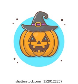 Halloween Pumpkin Wearing Witch Hat Vector Icon Illustration. Pumpkin And Witch Hat, Halloween Icon Concept White Isolated. Flat Cartoon Style Suitable for Web Landing Page, Banner, Sticker,