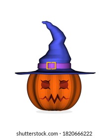 Halloween pumpkin wearing a witch hat with a terrible expression from various perspectives and realistic style as an element of decoration for the Halloween holiday celebration