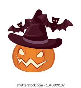 halloween pumpkin wearing witch hat and bats flying vector illustration design