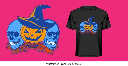 Halloween Pumpkin wearing Witch hat with skull Tshirt Illustration