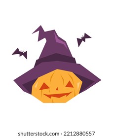 Halloween pumpkin wearing a witch hat and surrounded by bats. Perfect for Halloween, horror themes, stickers, t-shirt designs, etc. flat icon vector illustration