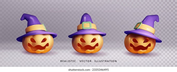 Halloween pumpkin wearing witch hat and with scary face isolated. Design Template for Halloween holidays. Realistic 3d vector