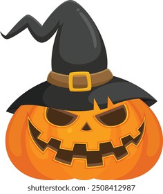 Halloween pumpkin wearing a witch hat vector horror on white background, Jack-o-Lantern on white background. Scary pumpkin wearing a witch hat.