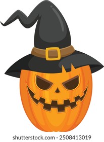 Halloween pumpkin wearing a witch hat vector horror on white background, Jack-o-Lantern on white background. Scary pumpkin wearing a witch hat.