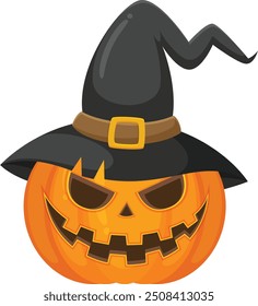 Halloween pumpkin wearing a witch hat vector horror on white background, Jack-o-Lantern on white background. Scary pumpkin wearing a witch hat.