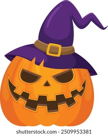 Halloween pumpkin wearing a witch hat vector horror on white background, Jack-o-Lantern on white background. Scary pumpkin wearing a witch hat.