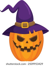 Calabaza de Halloween con un sombrero de bruja Vector de terror sobre fondo blanco, Jack-o-Lantern sobre fondo blanco. Calabaza de miedo con un sombrero de bruja.