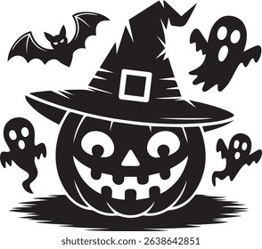 Halloween Pumpkin Wearing Witch Hat with Bat and Ghosts Illustration