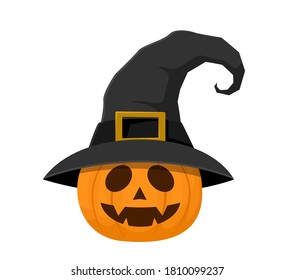Halloween pumpkin wearing witch's hat. Vector illustration isolated on white background.