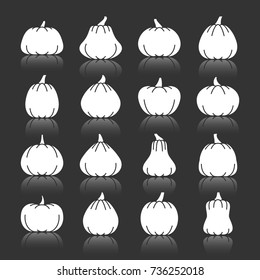 Halloween Pumpkin white silhouette with reflection icon set. Monochrome flat design vector illustration symbol collection. Simple graphic pictogram pack. Party, web, print, card, poster, tag concept