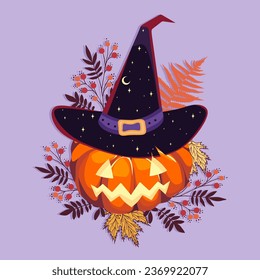 Halloween pumpkin wich witch hat and fall plants. Vector cartoon Illustration.