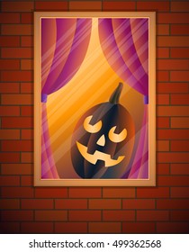 Halloween pumpkin in the window. Vector illustration.