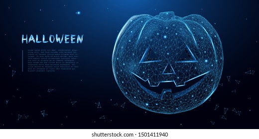 Halloween pumpkin from wireframe mesh. Low poly concept. Vector illustration