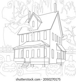 Halloween pumpkin witch broom house cemetery bat. Coloring book antistress for adults and kids