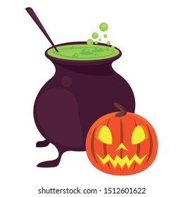 halloween pumpkin with witch cauldron vector illustration design