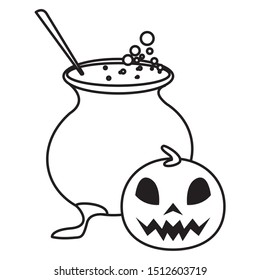 halloween pumpkin with witch cauldron vector illustration design