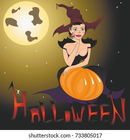 Halloween pumpkin and witch with full moon and stars