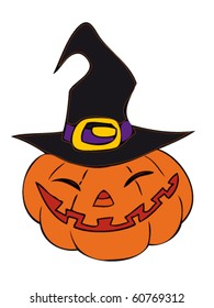 Halloween pumpkin with witch hat.