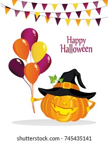 Halloween. Pumpkin in a witch hat with lot of balloons. Vector. Greeting card for a holiday or an invitation to a party. Garland of flags.