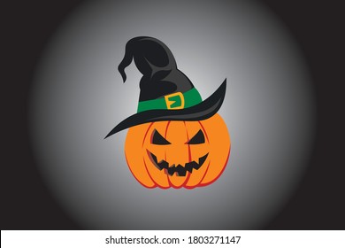 Halloween pumpkin witch hat banner. Vector design illustration concept