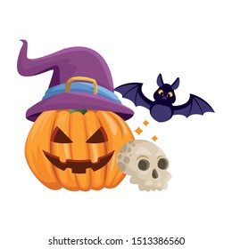 halloween pumpkin with witch hat and bat flying vector illustration design