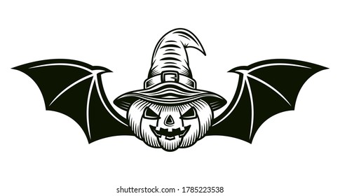 Halloween pumpkin in witch hat and with bat wings vector illustration in monochrome tattoo style isolated on white background