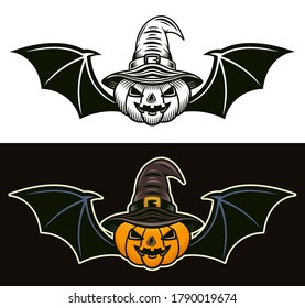 Halloween pumpkin in witch hat and with bat wings in two styles black on white and colorful on dark background vector illustration