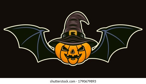 Halloween pumpkin in witch hat and with bat wings vector colored cartoon style illustration isolated on dark background