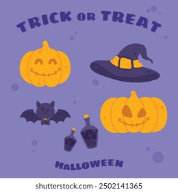 Halloween, pumpkin, witch hat, bat, magic potion package