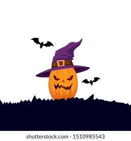 halloween pumpkin with witch hat and bats flying