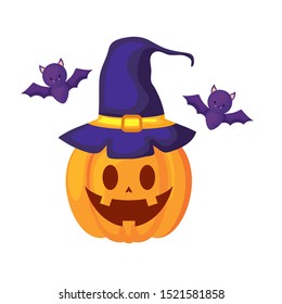 halloween pumpkin with witch hat and bats flying vector illustration design