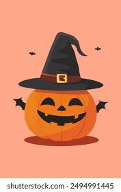 Halloween Pumpkin with Witch Hat and Bats Illustration