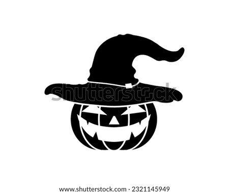 Halloween pumpkin with witch hat  in blak color. Vector illustration.
