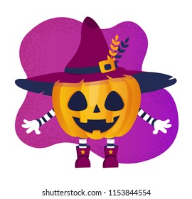Halloween pumpkin in a witch hat. Bright Vector illustration of a cartoon style.
