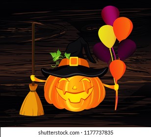 Halloween. Pumpkin in a witch hat with a broom and a lot of balloons. Vector on wooden background. Greeting card for a holiday or an invitation to a party.