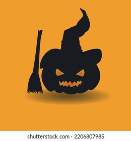 halloween pumpkin in witch hat with broom on orange vector