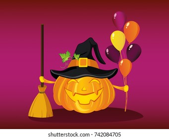 Halloween. Pumpkin in a witch hat with a broom and a lot of balloons. Vector. Greeting card for a holiday or an invitation to a party.