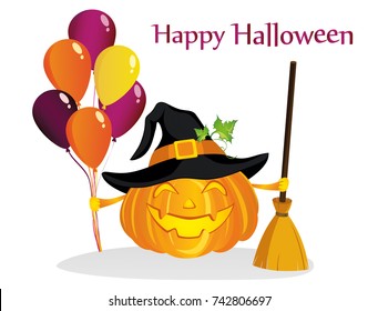 Halloween. Pumpkin in a witch hat with a broom and a lot of balloons. Vector. Greeting card for a holiday or an invitation to a party.
