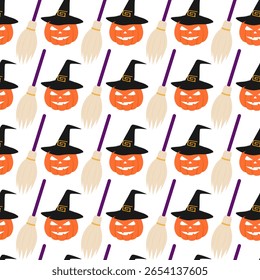 Halloween Pumpkin in Witch Hat and Broomstick Seamless Pattern Halloween Minimalist Background idea