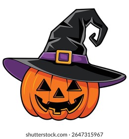 Halloween pumpkin with witch hat and carved face