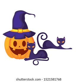 halloween pumpkin with witch hat and cats vector illustration design