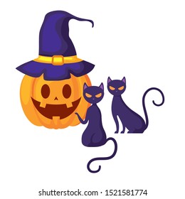 halloween pumpkin with witch hat and cats vector illustration design