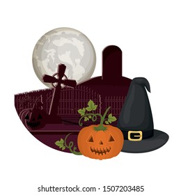 halloween pumpkin with witch hat in cemetery