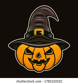 Halloween pumpkin in witch hat character colorful vector illustration in cartoon style isolated on dark background