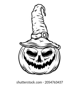 Halloween pumpkin in witch hat. Design element for poster, card, banner, sign t shirt. Vector illustration