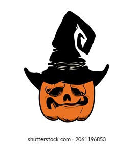 Halloween pumpkin in witch hat. Design element for poster, card, banner, sign t shirt. Vector illustration