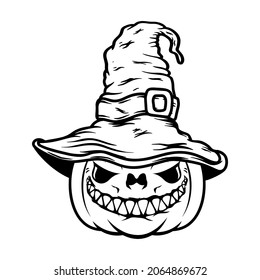 Halloween pumpkin in witch hat. Design element for poster, card, banner, sign t shirt. Vector illustration