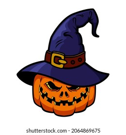 Halloween pumpkin in witch hat. Design element for poster, card, banner, sign t shirt. Vector illustration
