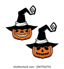 Halloween pumpkin in witch hat. Design element for poster, card, banner, sign t shirt. Vector illustration